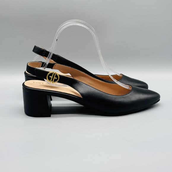 Cole Haan Shoes Womens 9 Black Leather Slingback Pumps Block Heel Pointed Toe - Picture 1 of 13